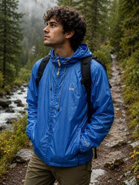 Sierra Designs Microlight Hooded Windbreaker Jacket Blue Packable Outdoor Shell